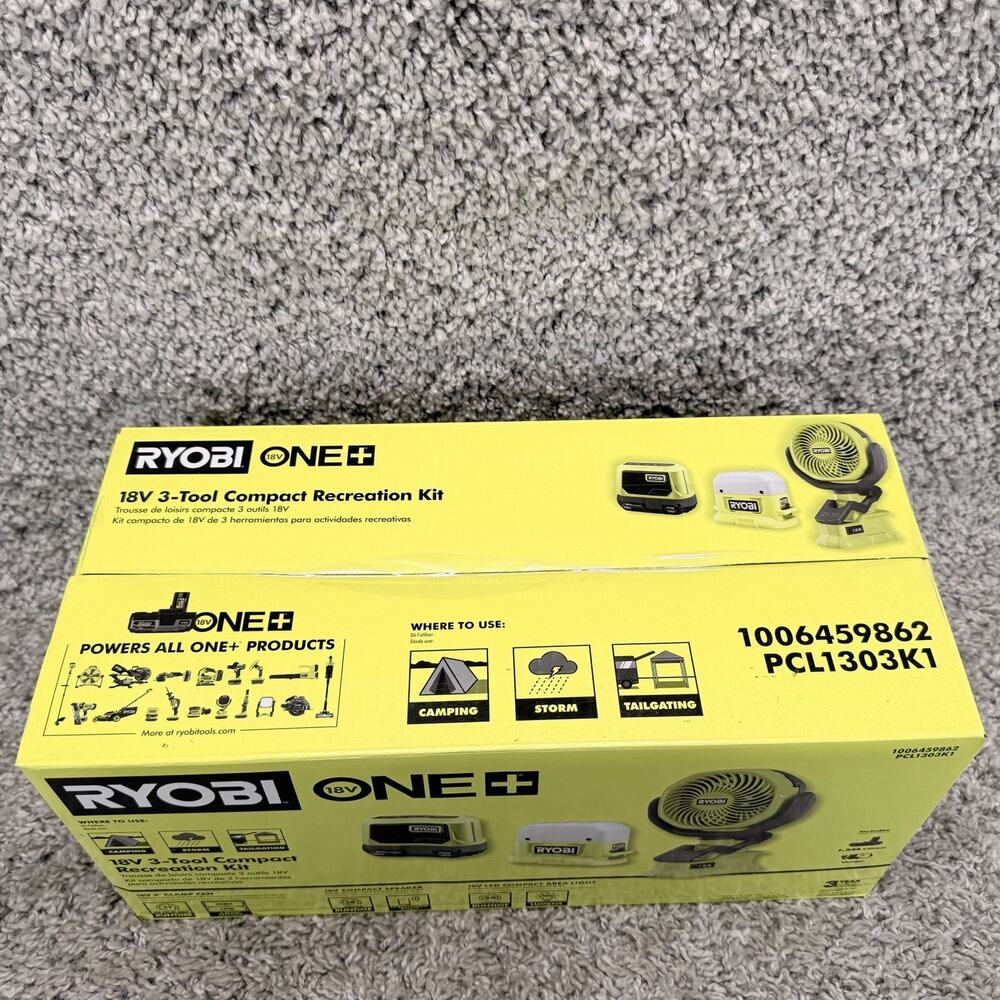 RYOBI ONE+ 18V 3 Tool Compact Recreation Kit PCL1303K1 Fan Speaker Light - Picture 2 of 10